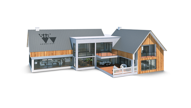 sia haus in L-Form mit Holzfassade und Terrasse